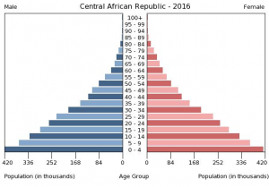 Bar graph shows the number of males and females in the Central African Republic who belong to each age class. Age classes are divided into five-year groups, such as 0 to 4 or 65 to 69. There are many more people below age 15 than above age 50.