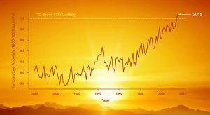 Line graph shows the earth's average temperature has increased by about 1 degree Celsius since 1880