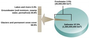 Pie chart shows that only 2.5% of earth's water is freshwater. Only 0.3% is lakes and rivers. Most of the freshwater is frozen or underground.