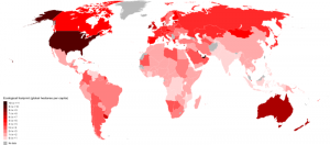 World map of the ecological footprints of all countries. Ecological footprints are higher in wealthier countries in North America and Europe and lower in poorer countries in Africa, Asia, and South America.