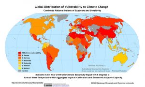 World map shows which countries will be most vulnerable to the impacts of climate change by the year 2100. The most vulnerable countries are located in South America, Africa, and Asia.