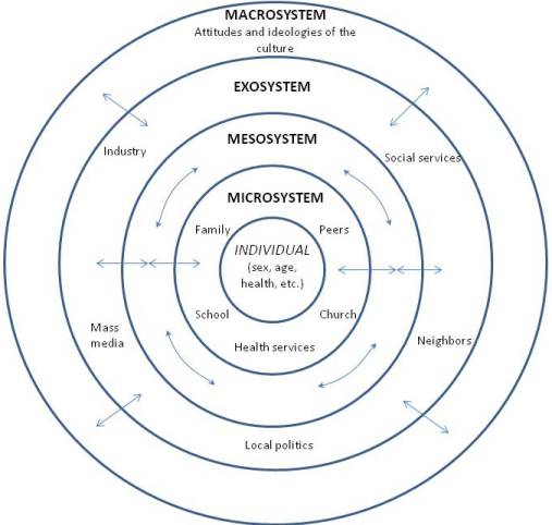 Bronfrenbrenner's Ecology Theory uses a series of concentric circles to show the influences of personal characteristics to macrosystem elements.