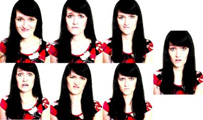 Seven images of the same women showing the seven universal facial expressions.