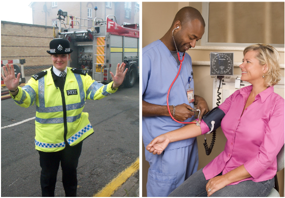 Two images side by side. The first image shows a female police officer and the second image shows a Black male nurse taking a blood pressure reading with a White female patient.