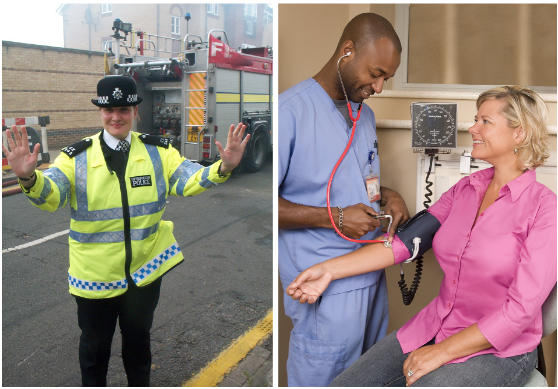 Two images side by side. The first image shows a female police officer and the second image shows a Black male nurse taking a blood pressure reading with a White female patient. 