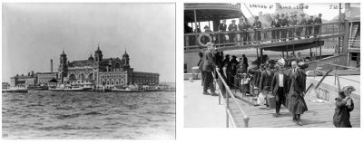 Image one a vintage image of Ellis Island; Image 2 immigrants disembarking from ships arriving at Ellis Island