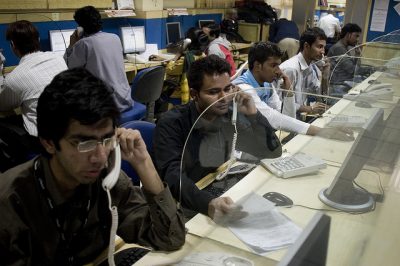Indian men at a call center.