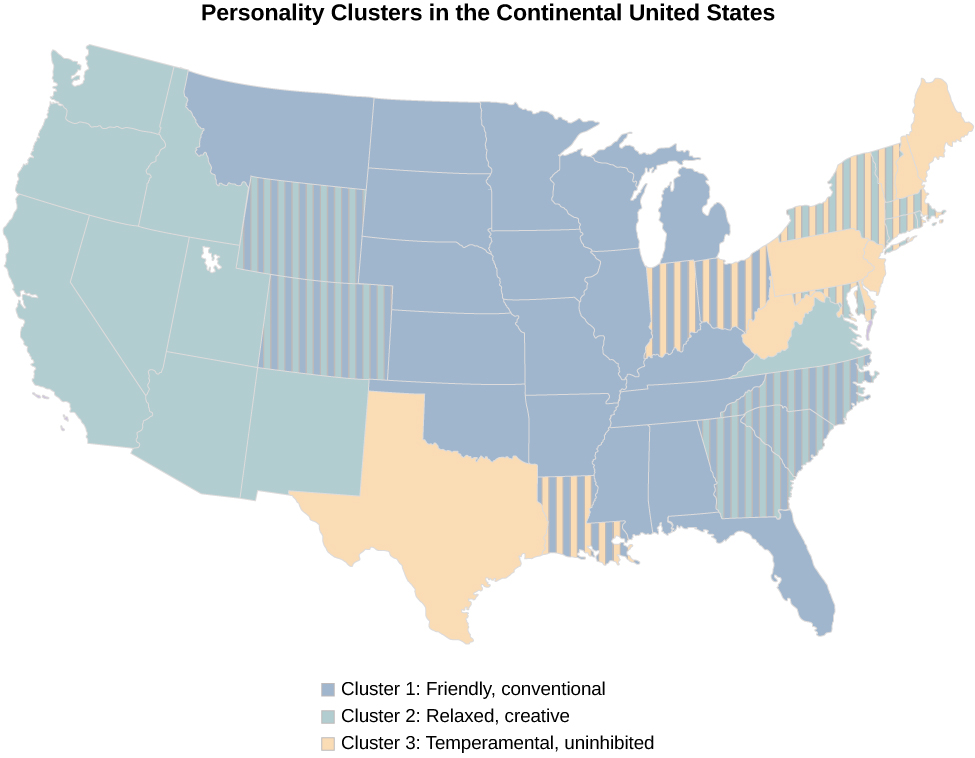 A map of the United States shows three distinct personality clusters by region.