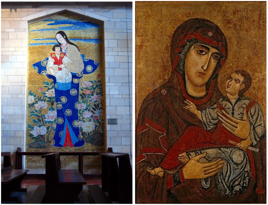 Two image of the Madonna and Child are side by side. On the left is an image of the Madonna and Child from Japan. The image on right shows the Madonna and Child from Renaissance Italy.