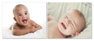 Image 1 shows a happy baby. Image 2 shows a baby crying.
