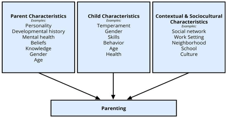Three squares labelled parent characteristics, child characteristics, and social cultural contexts have arrows at the bottom pointing to a long rectangle labelled Parenting.