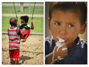 Image 1 brother pushing sister on a swing. Image 2 boy eating an ice cream cone.