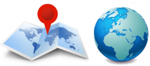 On the left is a map with a pin identifying a specific location. Next to the map is a globe of the earth.