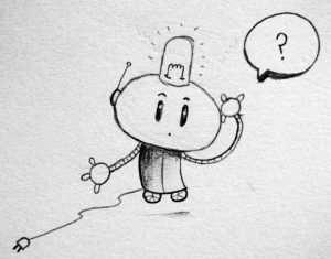 drawing of robot scratching its head with question mark in dialogue bubble