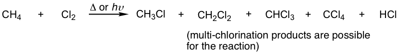 CH4 + Cl2 = CH3Cl + CH2Cl2 + CHCl3 + CCl4 +HCl (multi-chlorination products are possible for the reaction)