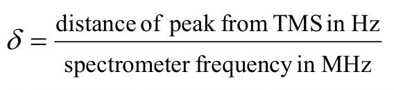 chemical shift = distance of peak from TMS in Hz/ spectrometer frequency in MHz