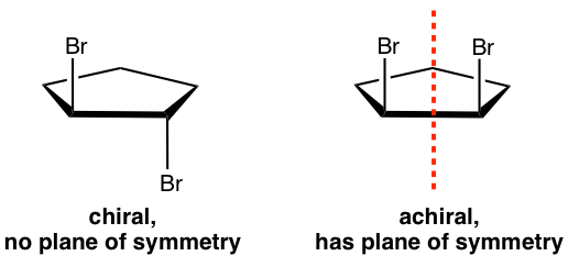 The one with opposite br is chiral, no plane of symmetry, and those both in same upward position are achiral, has a plane