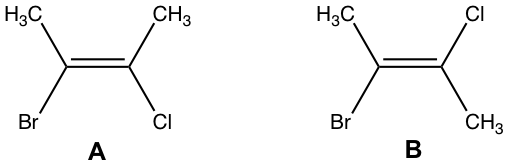 A=CH3 (upper left), CH3 (upper right), br (lower left), & cl (lower right), B=CH3's are opposite (upper left & lower right)