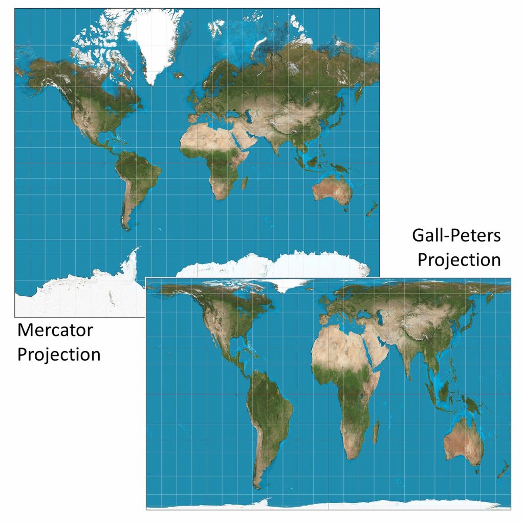 Comparing worlds maps, ones land masses are proportional while the other is not.