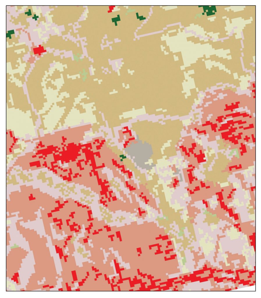 A pixelized map of Sioux Falls, each pixel contains a value - land-use/land-cover.