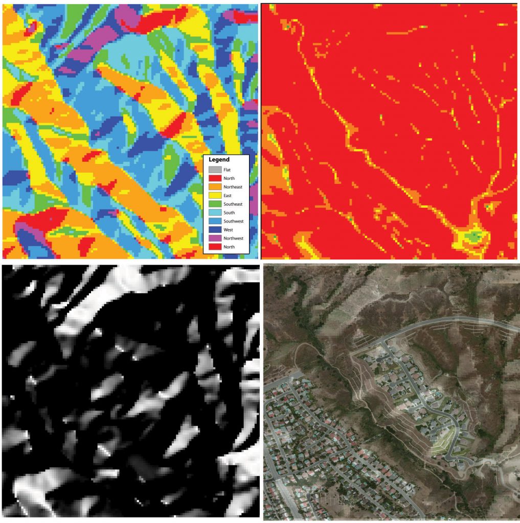 Four common raster-based analyses: Slope map in top left, aspect map in top right, bottom left has a hillshade map, hillshade map with semitransparent layer.