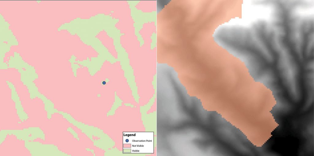 The map on the left is a viewshed pixelized map, on the right is a watershed map also pixelized highlighting surface water.
