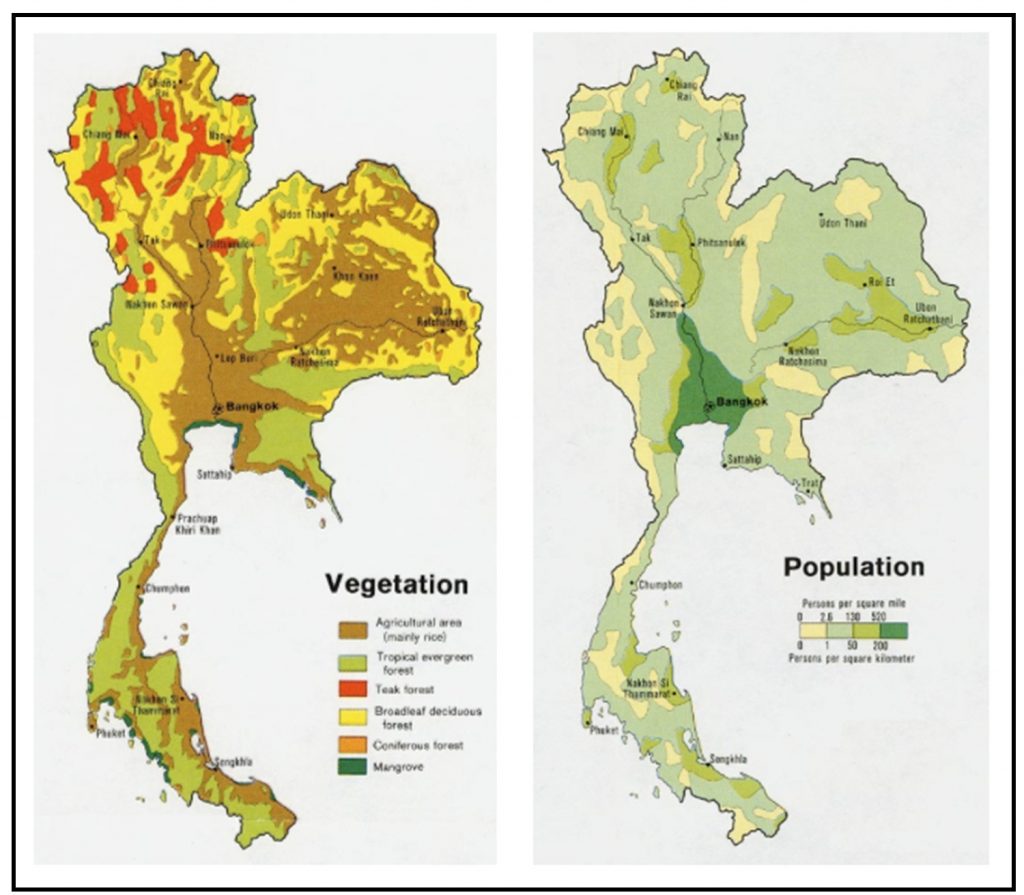 Two thematic maps of Thailand showing vegetation and population