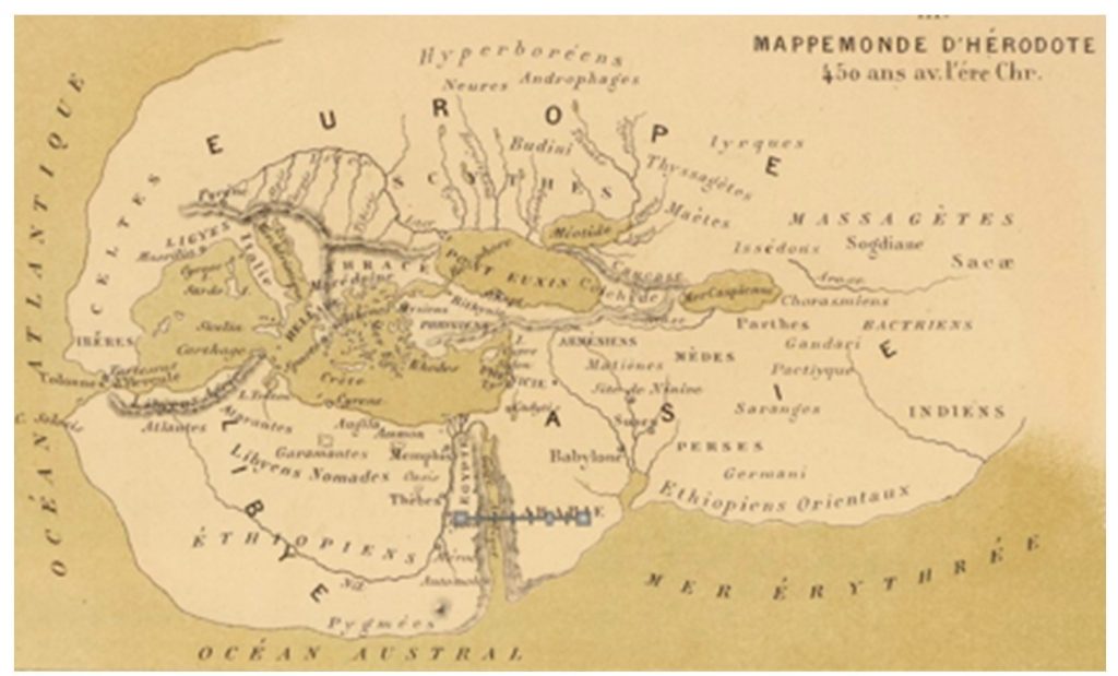 An ancient Greek map of the Mediterranean area.