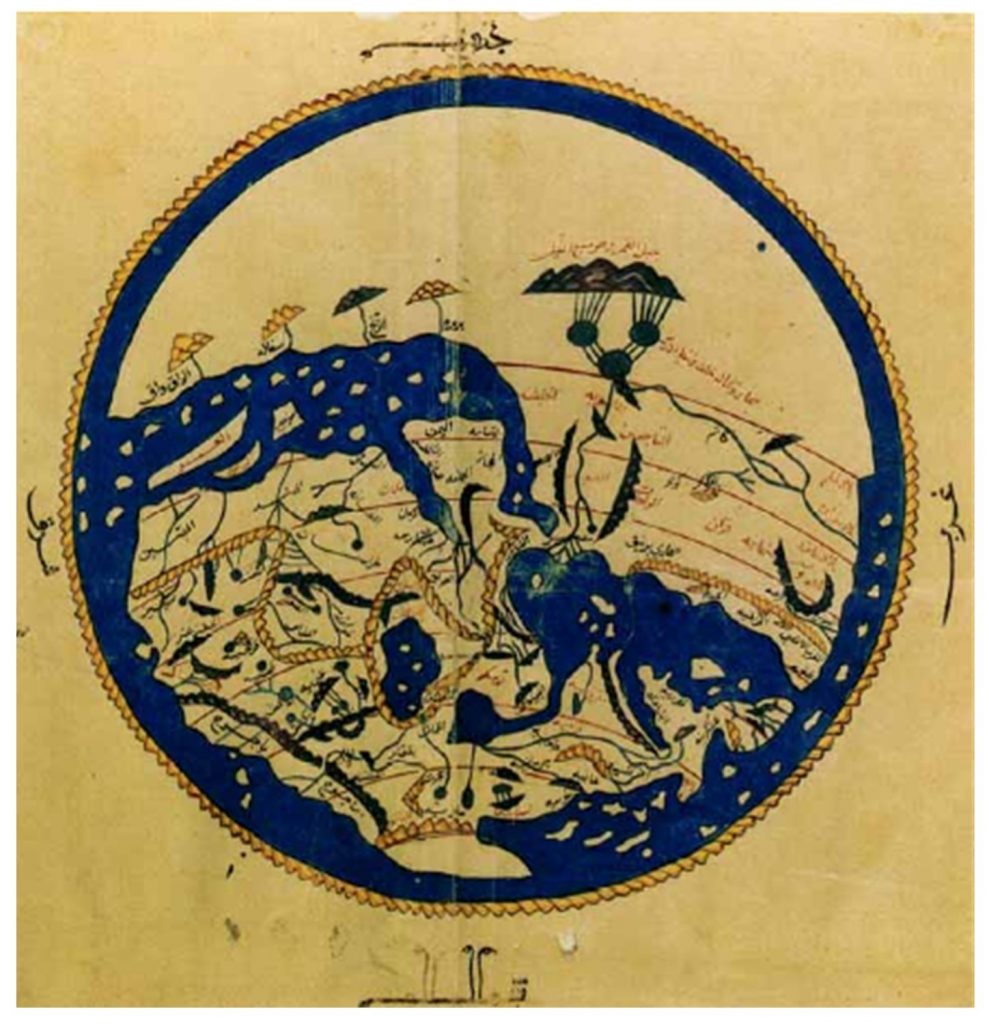 Al-Idrisi’s map of the world, the water is depicted with blue.