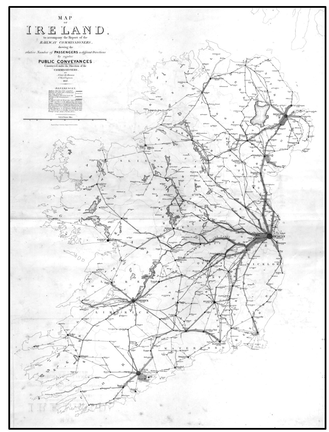 Black and white map of Ireland showing the rail way routes.