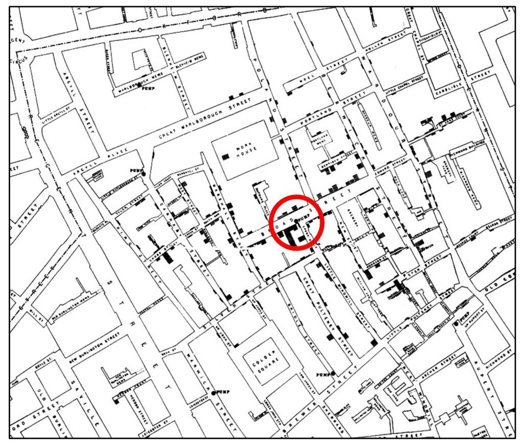 An area map depicting a location cholera was the worst in, highlighted with a red circle.