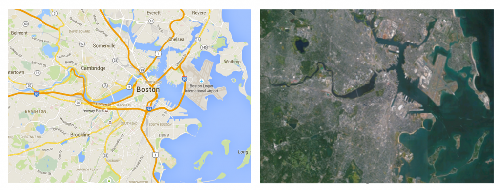 On the left, a Google Maps view of Boston, on the right, a satellite view of Boston.