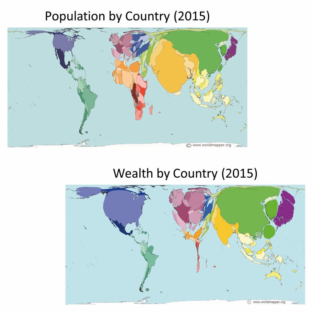 Two world maps color coded, one shows population by country and the other shows wealth by country.
