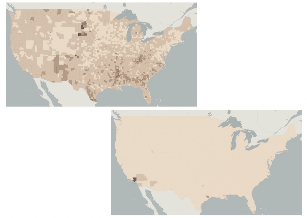 Two maps of the United States showing poverty percentages, one more accurate than the other.