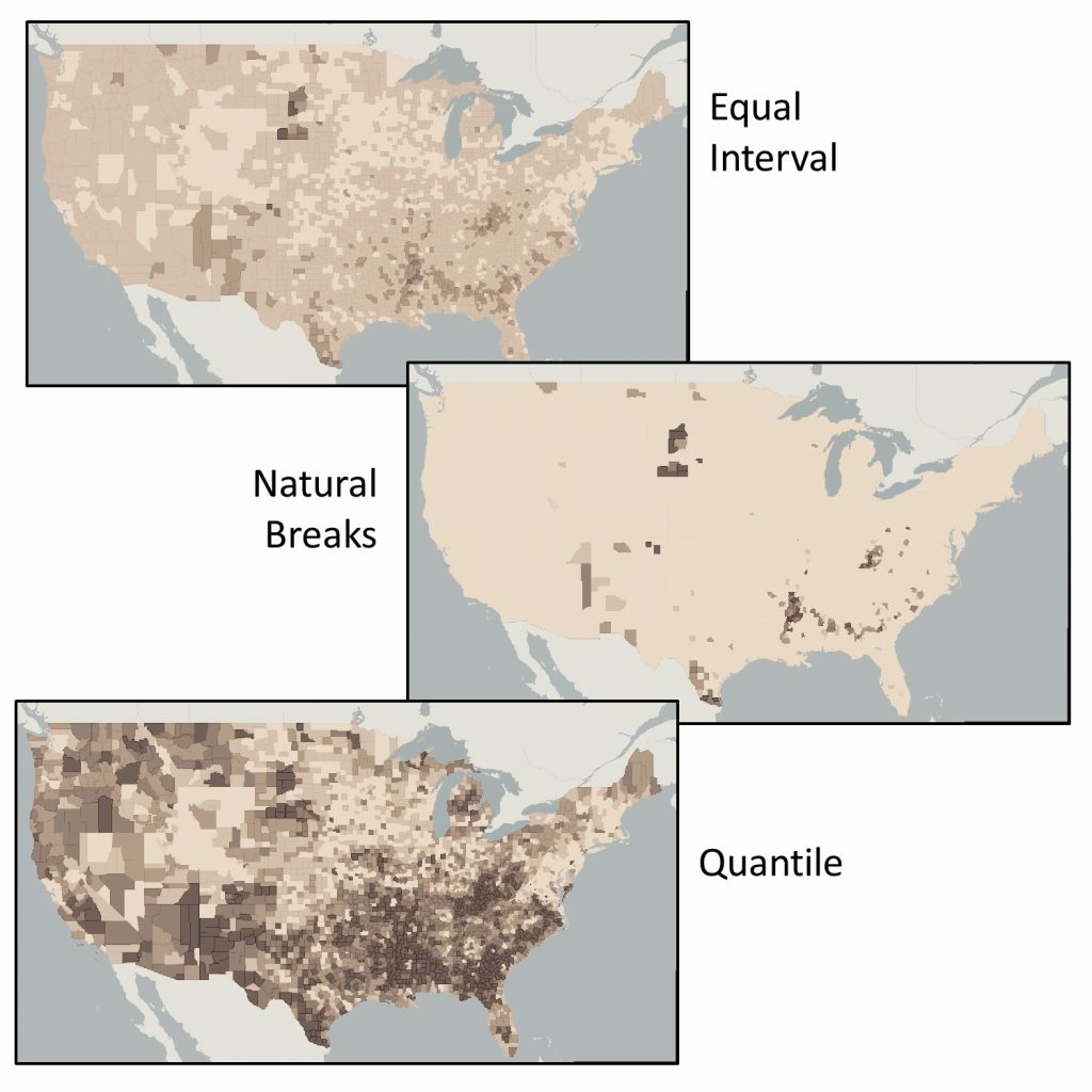 Three different maps of the United States, presenting the same data but each paints a different picture.