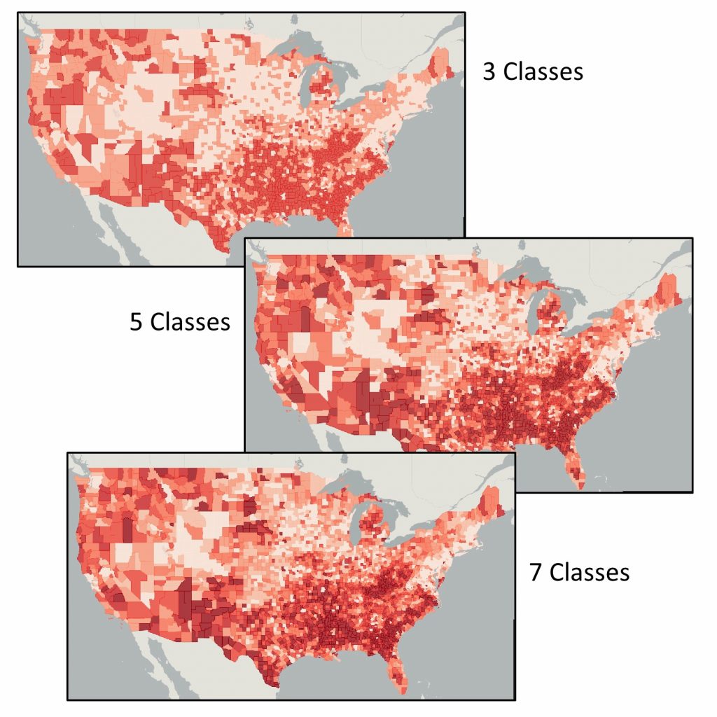 Three maps of the United States, each one is more dense than the last as the classes (data range) increases.