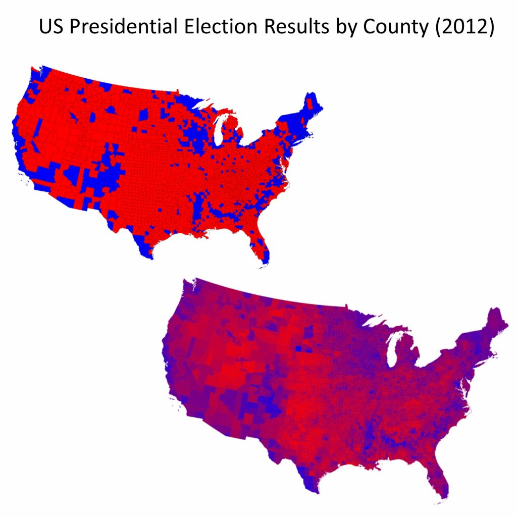 Two maps of the United States, the one of the left is less accurate while the one on the right gives a true image of the 2012 elections results.