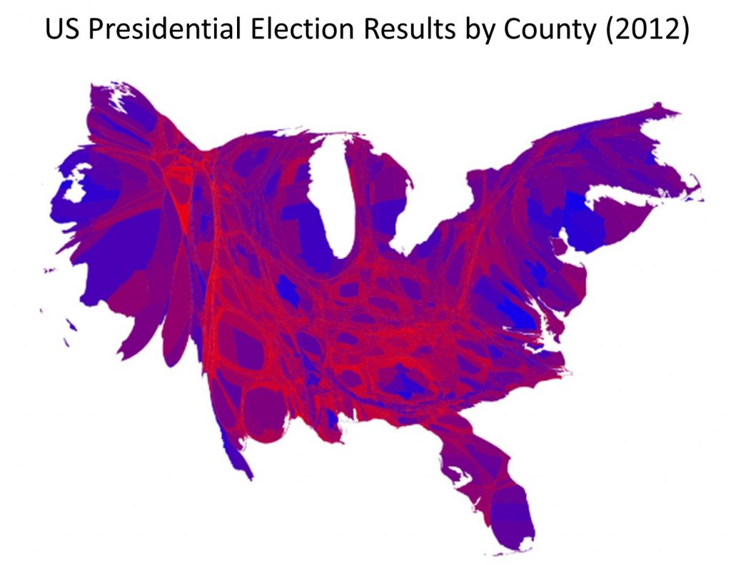 A cartogram map of the US elections in 2012, it is extremely distorted in an array of blue, purple and red.