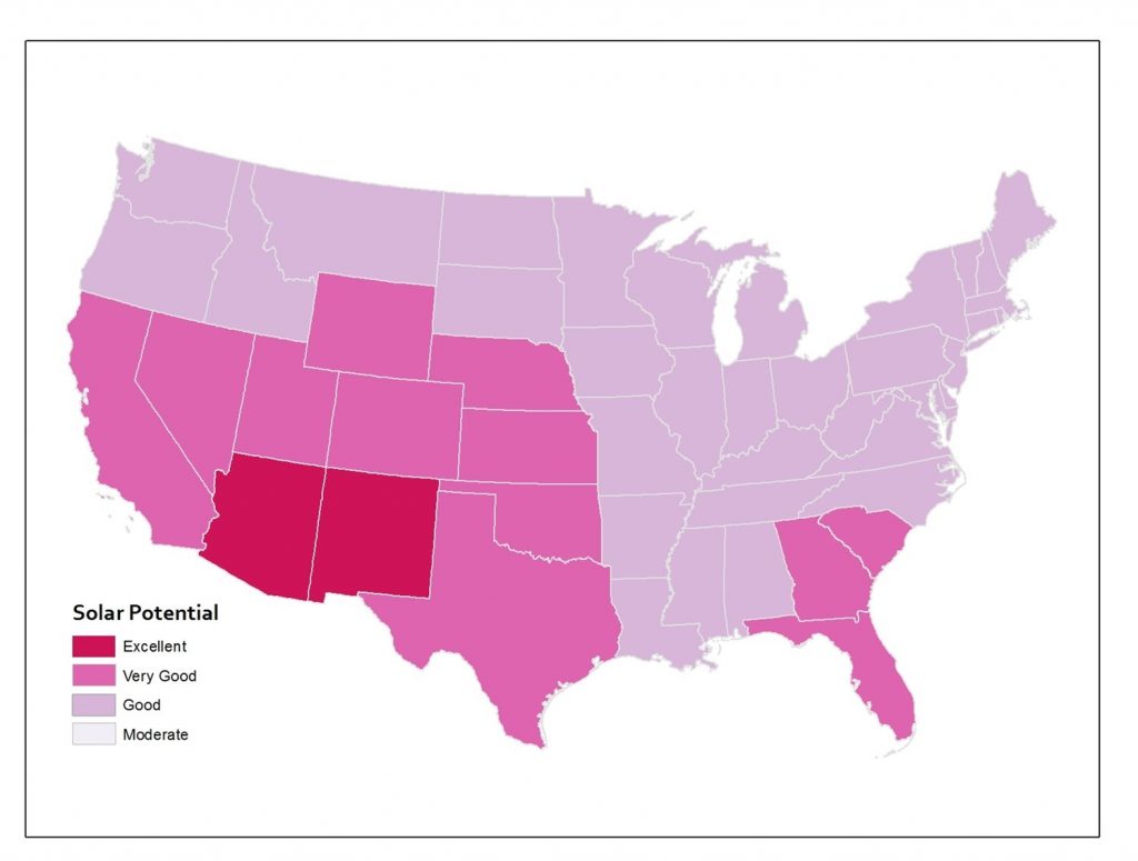 A map of the U.S., aggregated by state, showing sola potential.