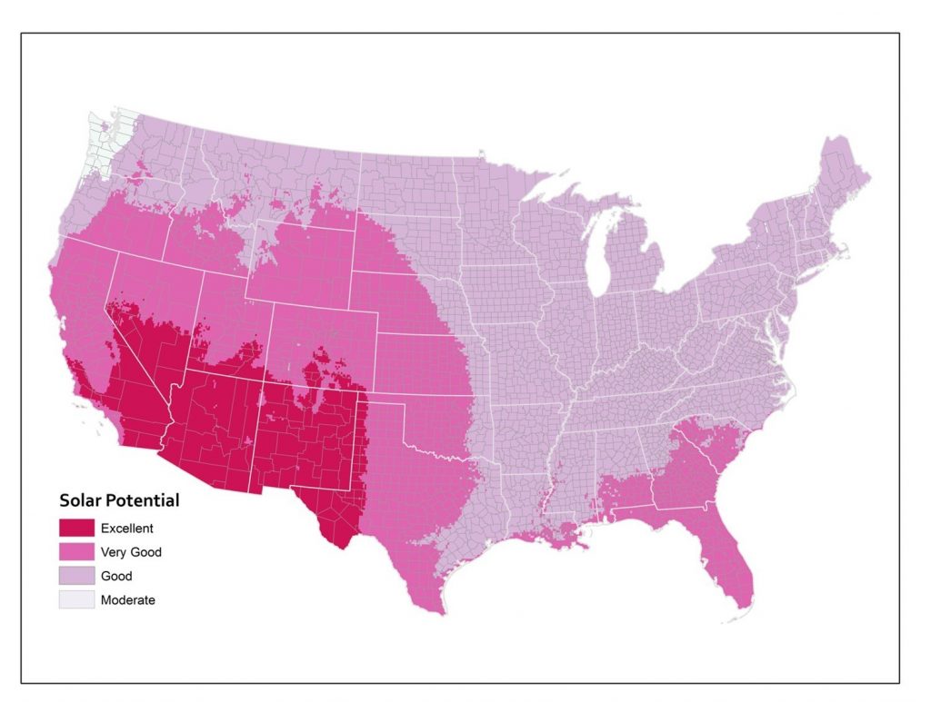 A map of the U.S., aggregated by 10 kilometer grid cells, showing solar potential.