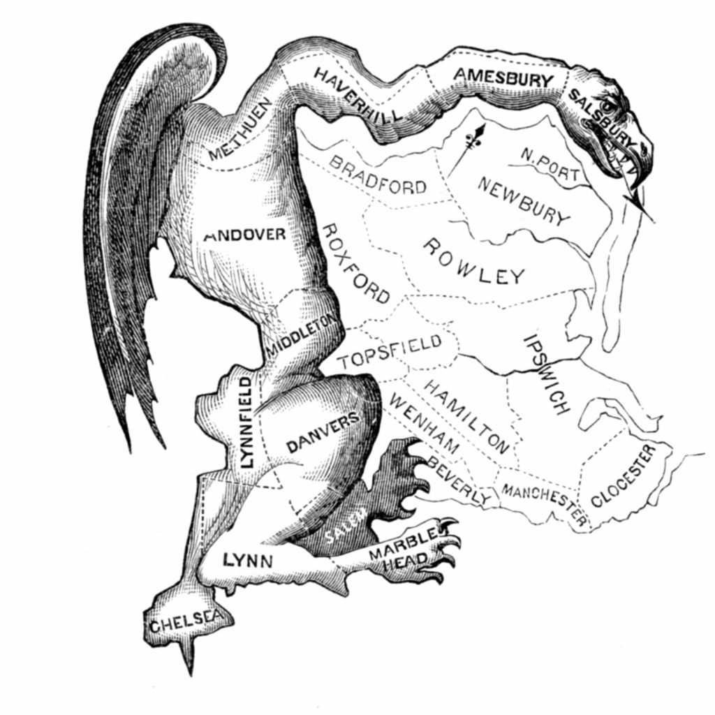 A map of Boston being divided into sections, drawn into a corner of the map is a salamander type creature .