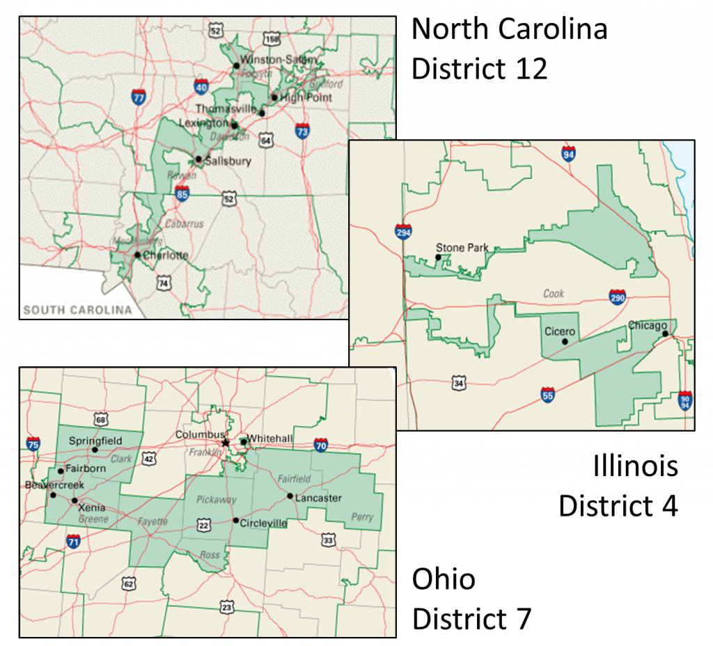 Examples of how states distribute their districts, called Gerrymandering, in the United States.