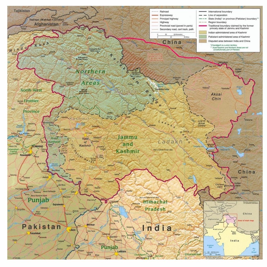 A map of Situating Kashmir, pointing out how the borders change depending on a political position.