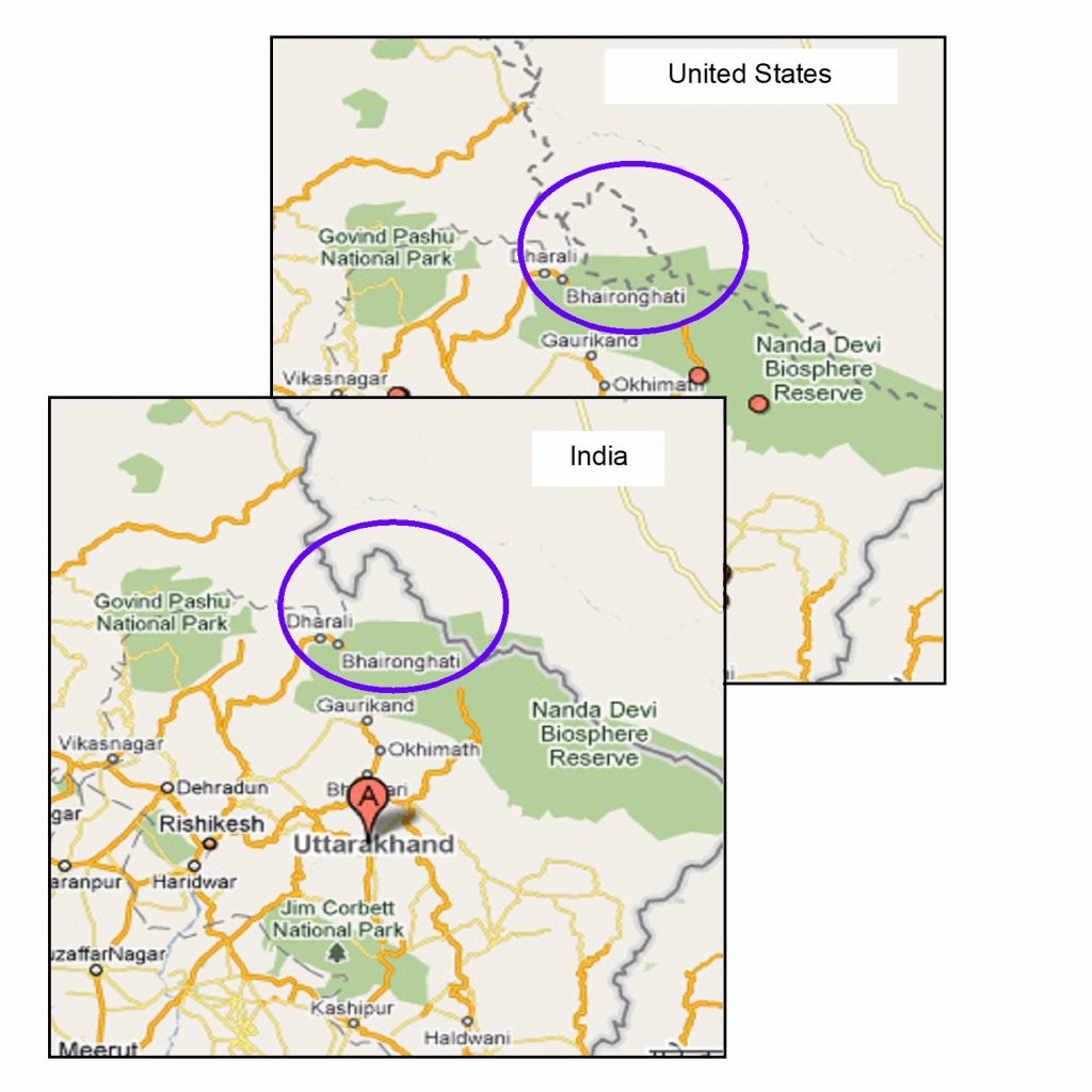 Two maps of Contested Kashmir, the US search shows it is its own territory while the other map, searched in India, shows the territory belongs to India.