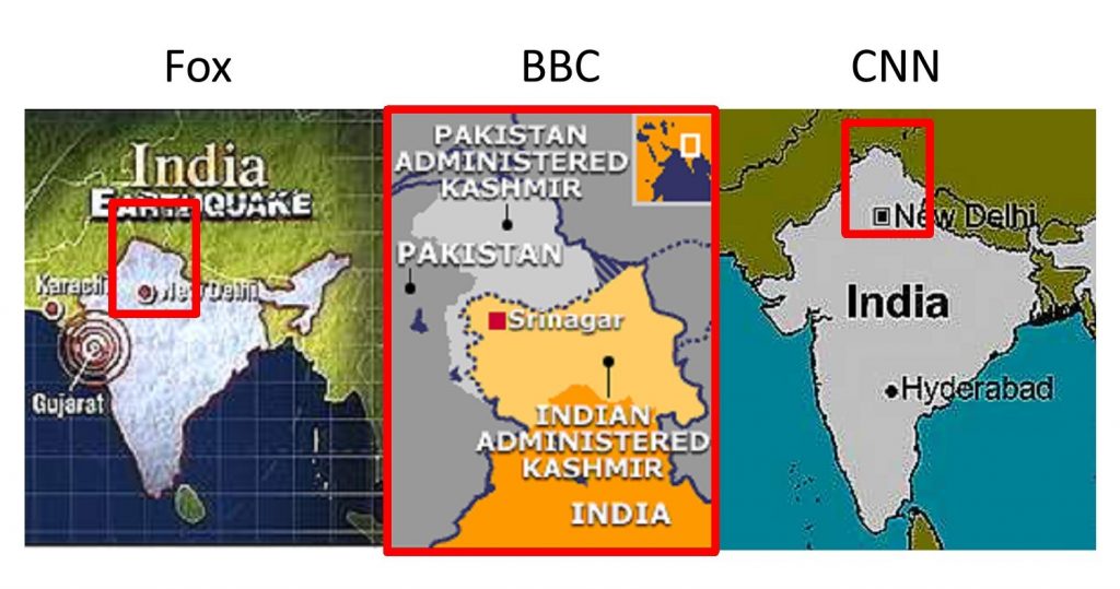 Fox, BBC, and CNN all show how they depict the ownership of Kashmir differently.