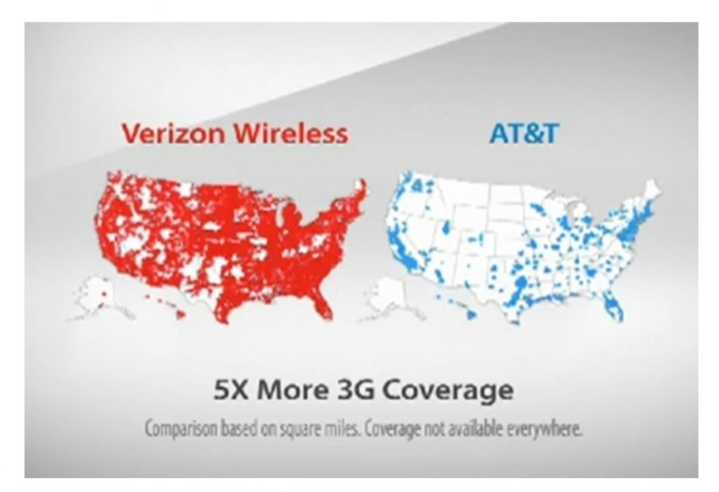 Two maps of the US comparing 2010 3G data coverage between Verizon and AT&T.