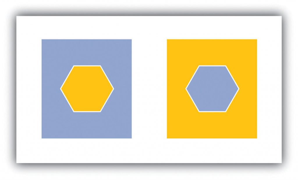 On the left, a blue square with a yellow hexagon inside, and on the right, a yellow square with a blue hexagon inside.