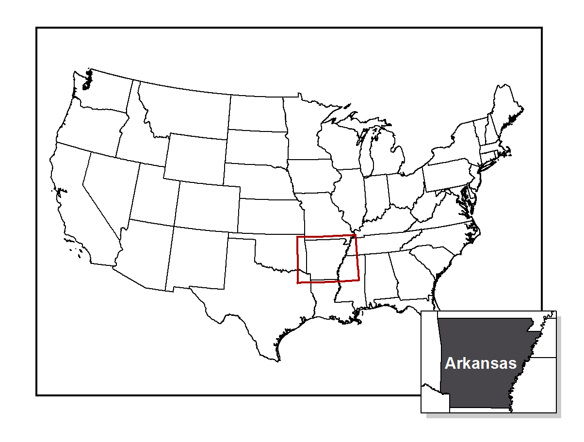The center map is of the United States including a red box outline of the state of Arkansas. The lower right hand image is the map of the Arkansas.