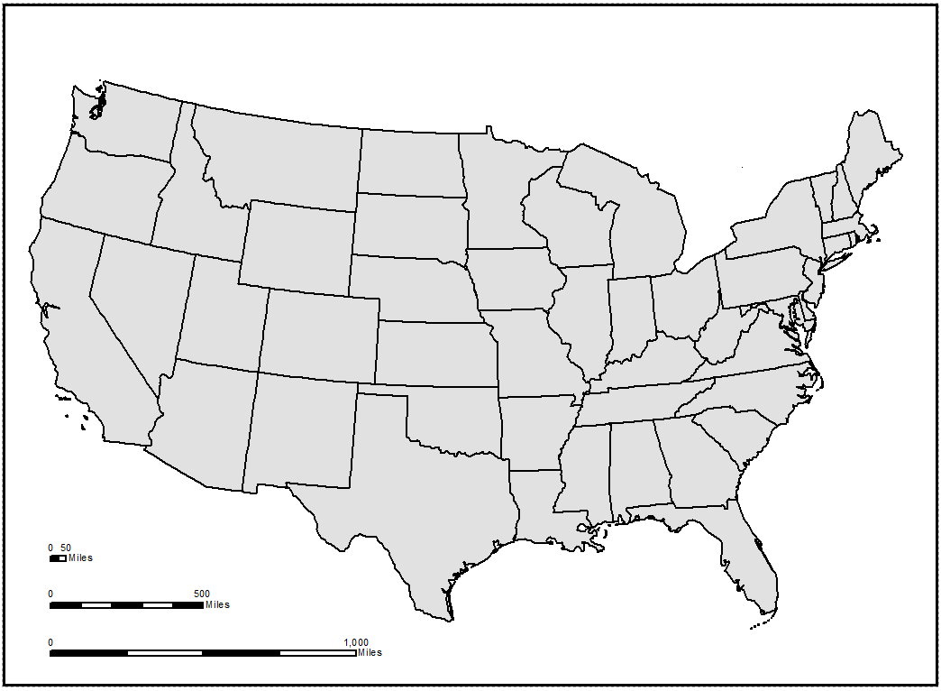 A map of the United States showing three different sizes of Scale Bar.