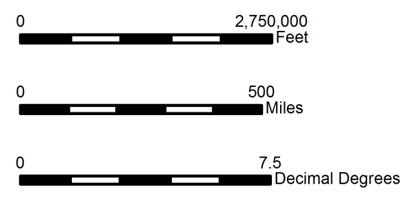 Three examples of Scale Bars, black and white rectangular bars each accompanying different units of measure.